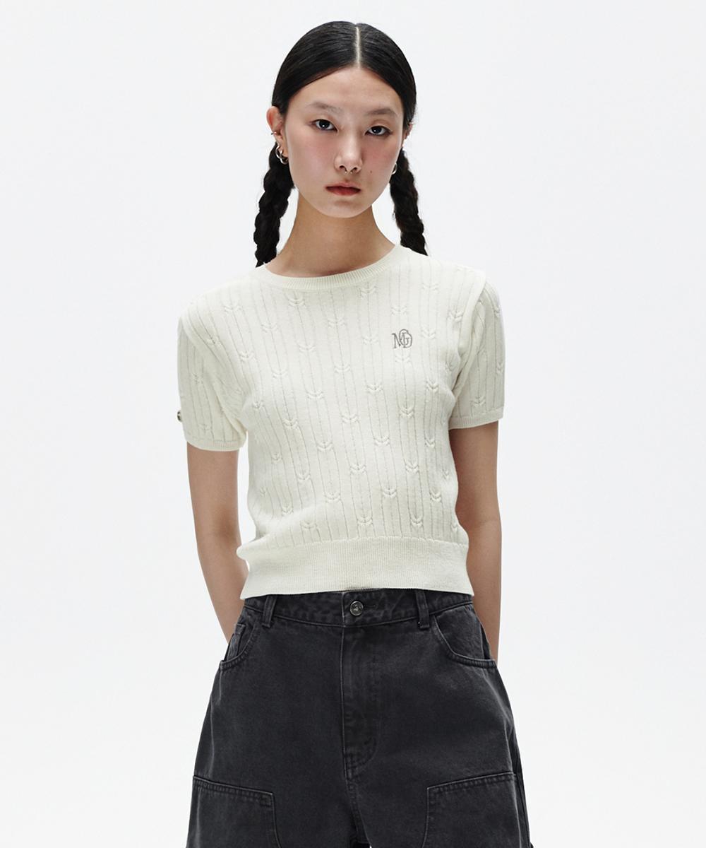 Maha Grid Cable Half Sleeve Knit Ivory(Mg2Fmfk612A) Ivory/F