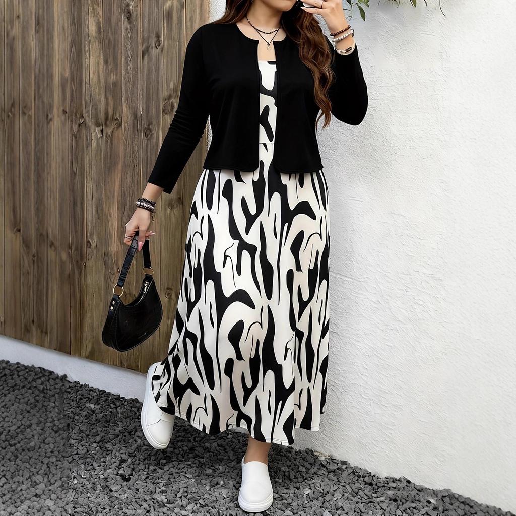 Plus Size Women's Autumn/Winter Casual Printed Skirt & Dress Set with Pockets