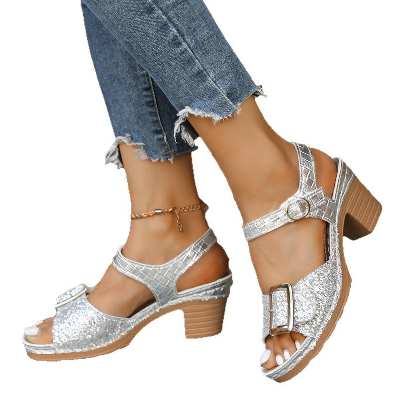 Dámské sandály se širokou šířkou s přezkou, letní nazouváky na robustním podpatku, velkoobchodní pantofle na vysokém podpatku skladem