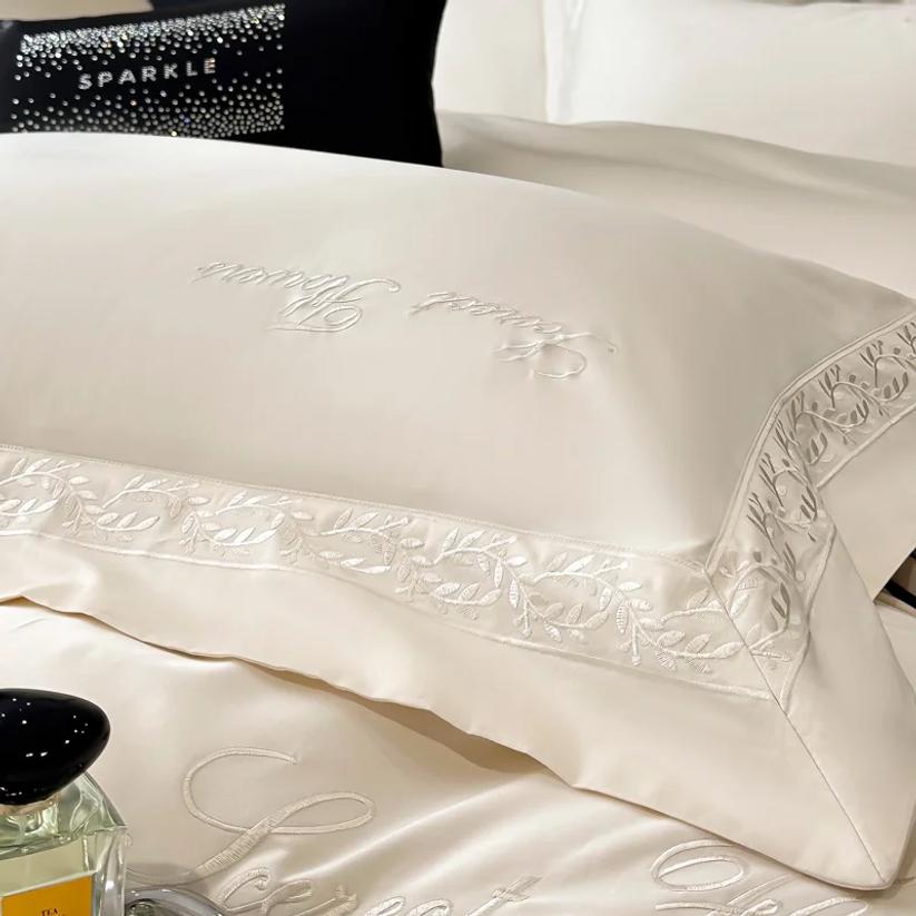 Beige Egyptian Cotton Bedding Set Luxury Hotel Style Embroidery Duvet Cover Set Flat/Fitted Bed Sheet Pillowcases Home Textiles
