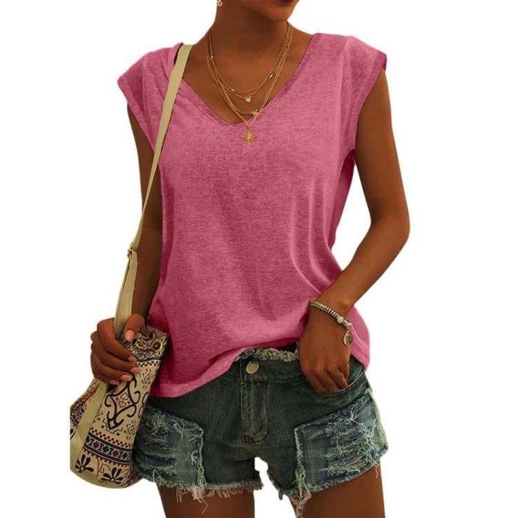 Women Fashion Casual V Neck Loose T-Shirt Solid Color Short Sleeve Top