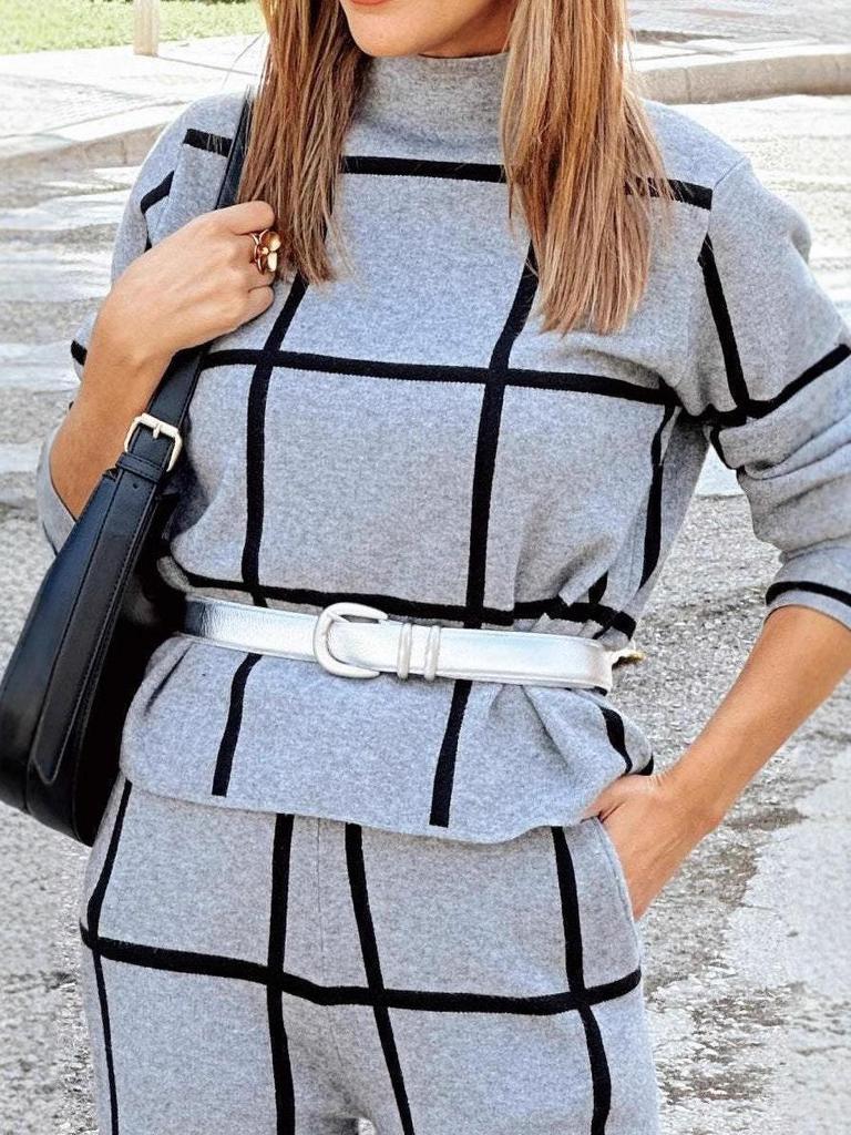 2024 Autumn/Winter Women's Plaid Print High Neck Long Sleeve Top & Solid Color Long Pants Set