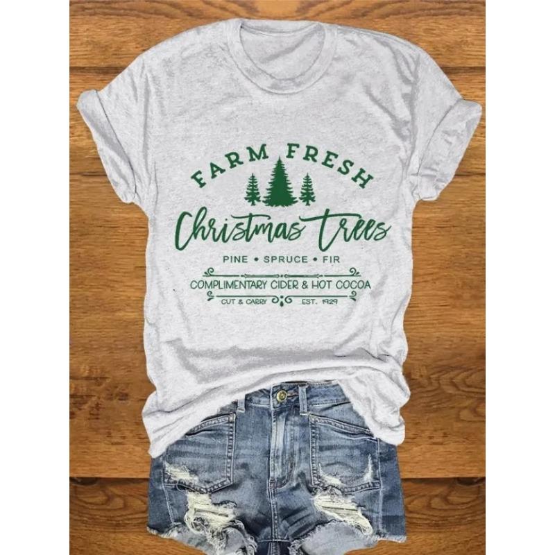 Letní dámská trička s krátkým rukávem, módní, ležérní, s 3D potiskem vánočního stromku a kulatým výstřihem