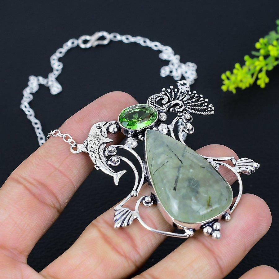 Prehnite, Tsavorite Gemstone 925 Sterling Silver Gift Jewelry Necklace 18"