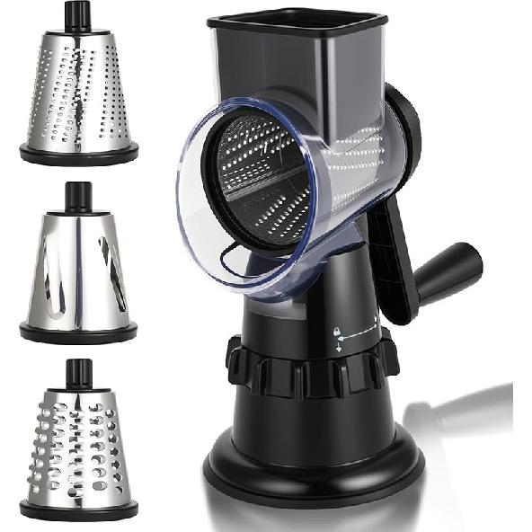 Rotary Cheese Grater Hand Crank, Vegetable Slicer with 3 Blades, Stable Suction, Labor-Saving Handle, Cheese Shredder for Potato Vegetables Nuts Grater - Black