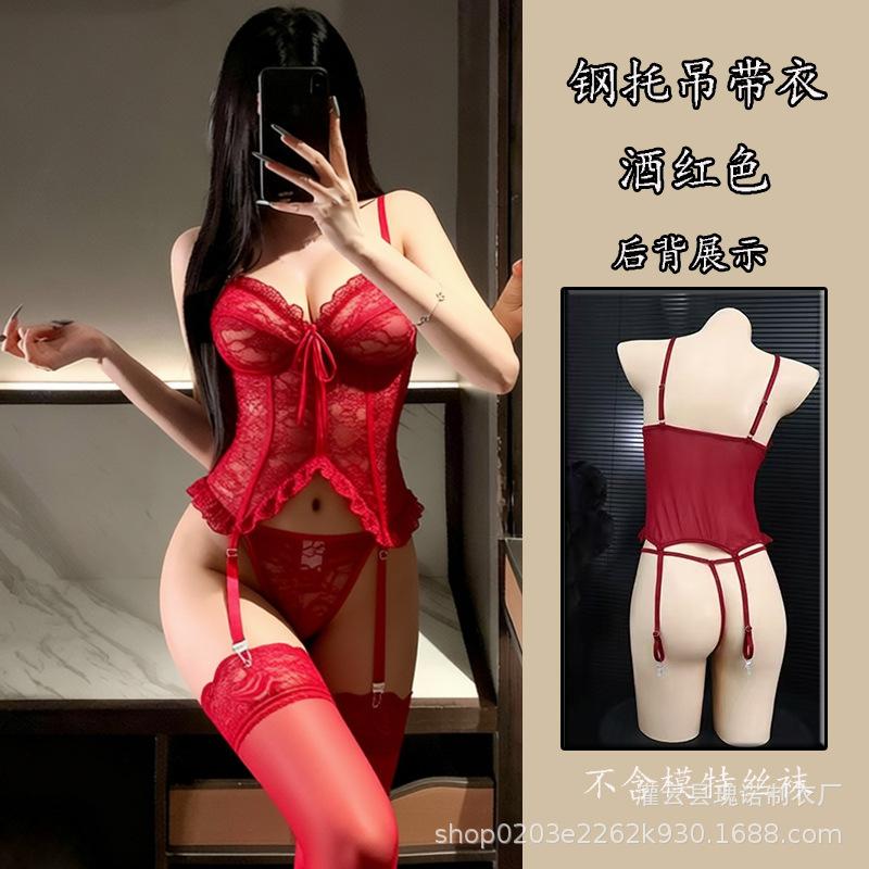 Large size new sex underwear steel tray hollow garter belt split purple nightdress sexy temptation small chest must enter