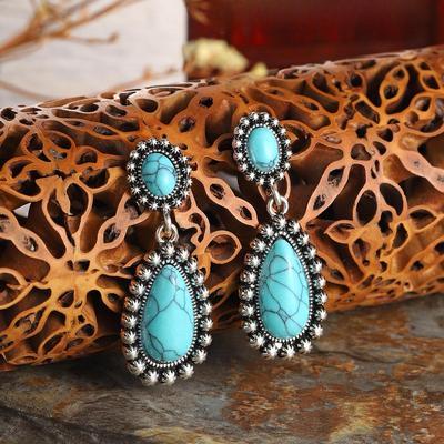 Retro Turquoise Pear-Shaped Antique Silver Earrings - European & American Style