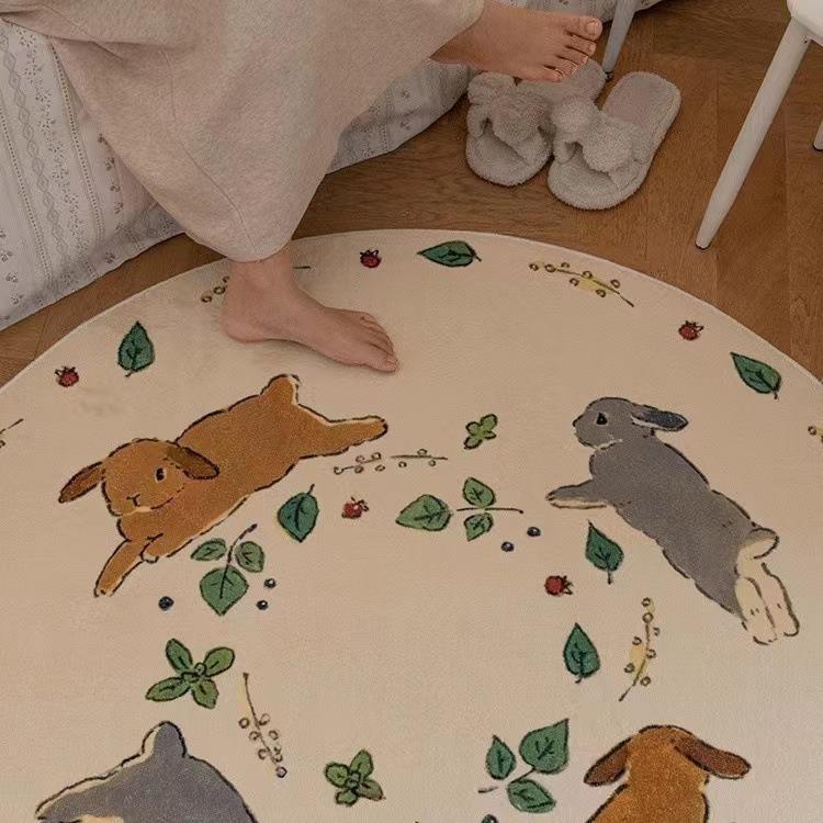 Mori Style Round Rabbit Rug: Cute French Coffee Table, Bedroom, or Study Floor Mat