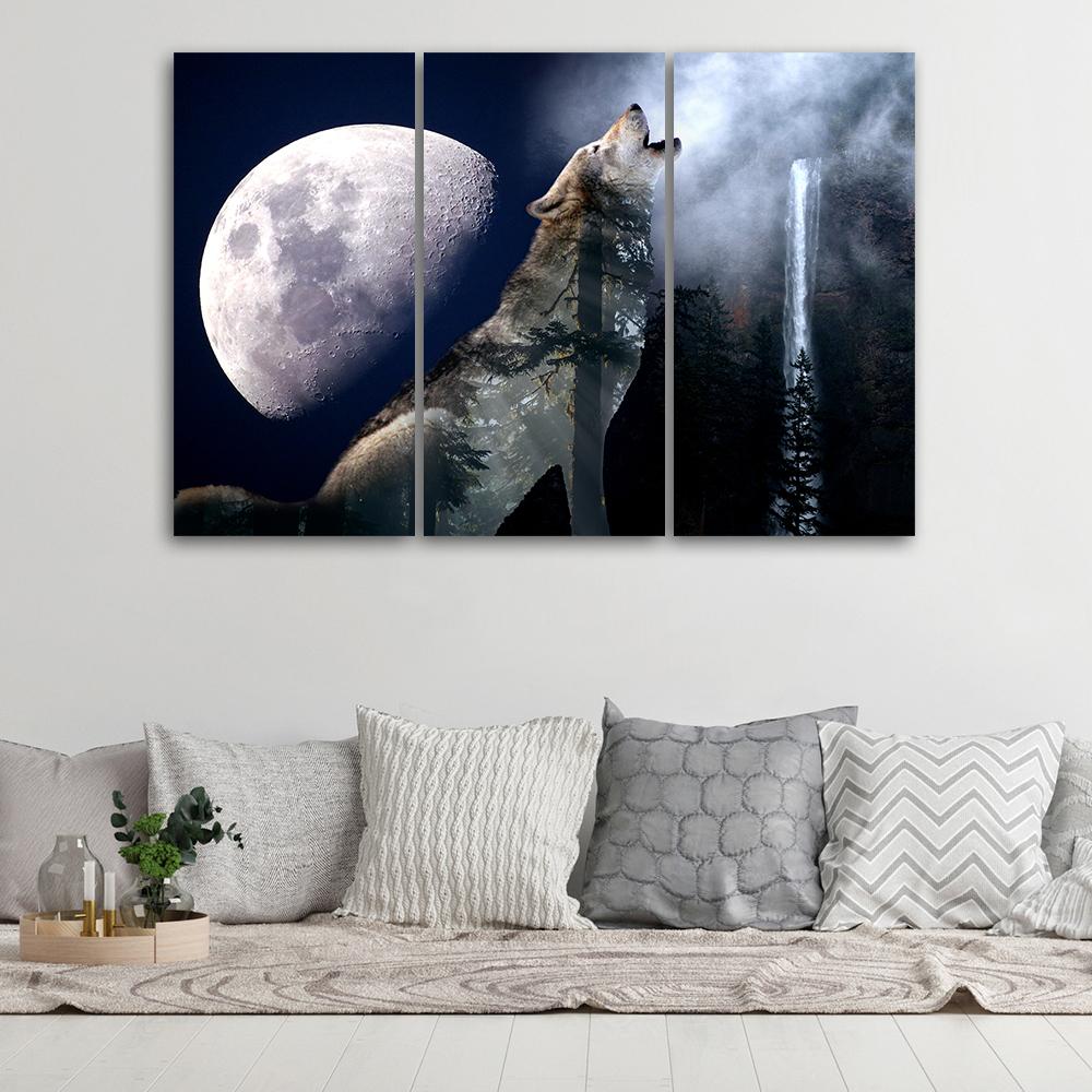 Three Piece Picture Canvas Print Wolf Nature Moon Fog