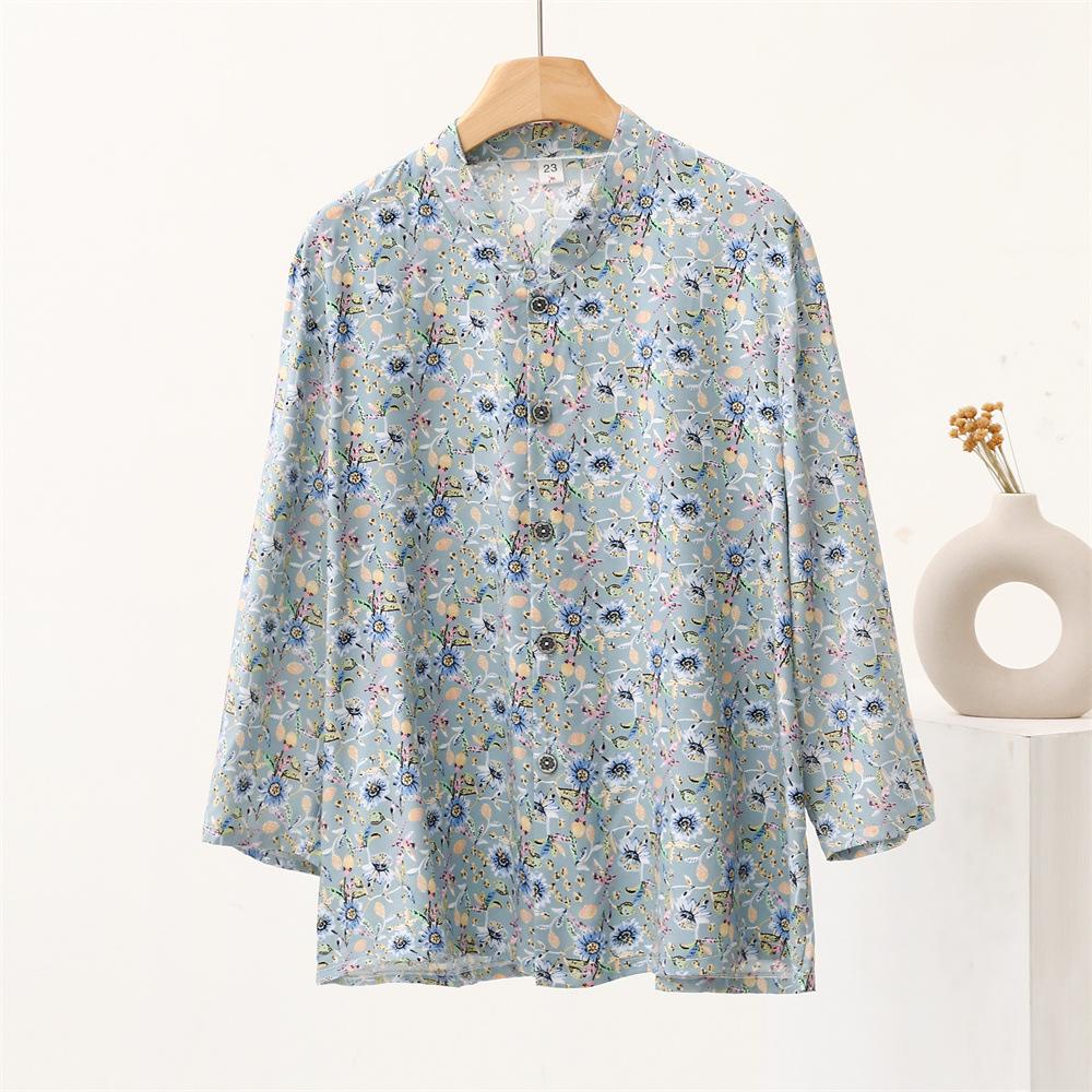 Cotton Silk Printed Standing Collar Cardigan Long Sleeve Women's Shirt Summer Thin Comfortable Breathable Rayon Top
