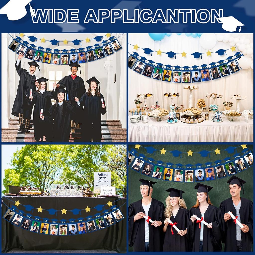 Whaline 2Pcs Graduation Photo Banner, Congrats Grad Banner, No DIY Require Hanging Bunting, Kindergarten to 12th Grade Picture Garland with Blue Gold