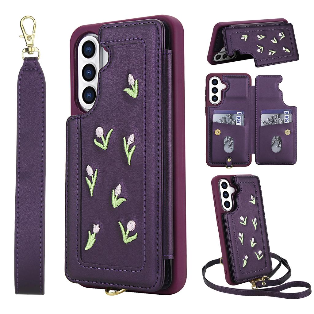 For Samsung Galaxy A36 5G/A56 5G Case Embroidered Tulips PU Leather Card Holder Back Cover with Shoulder Strap/Wrist Strap