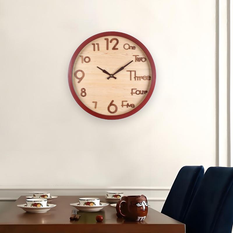 Artistic Wood Grain Wall Clock Three-dimensional Chinese and English Numbers Mixed Design Living Room Mute Fashion Decorative Quartz Clock