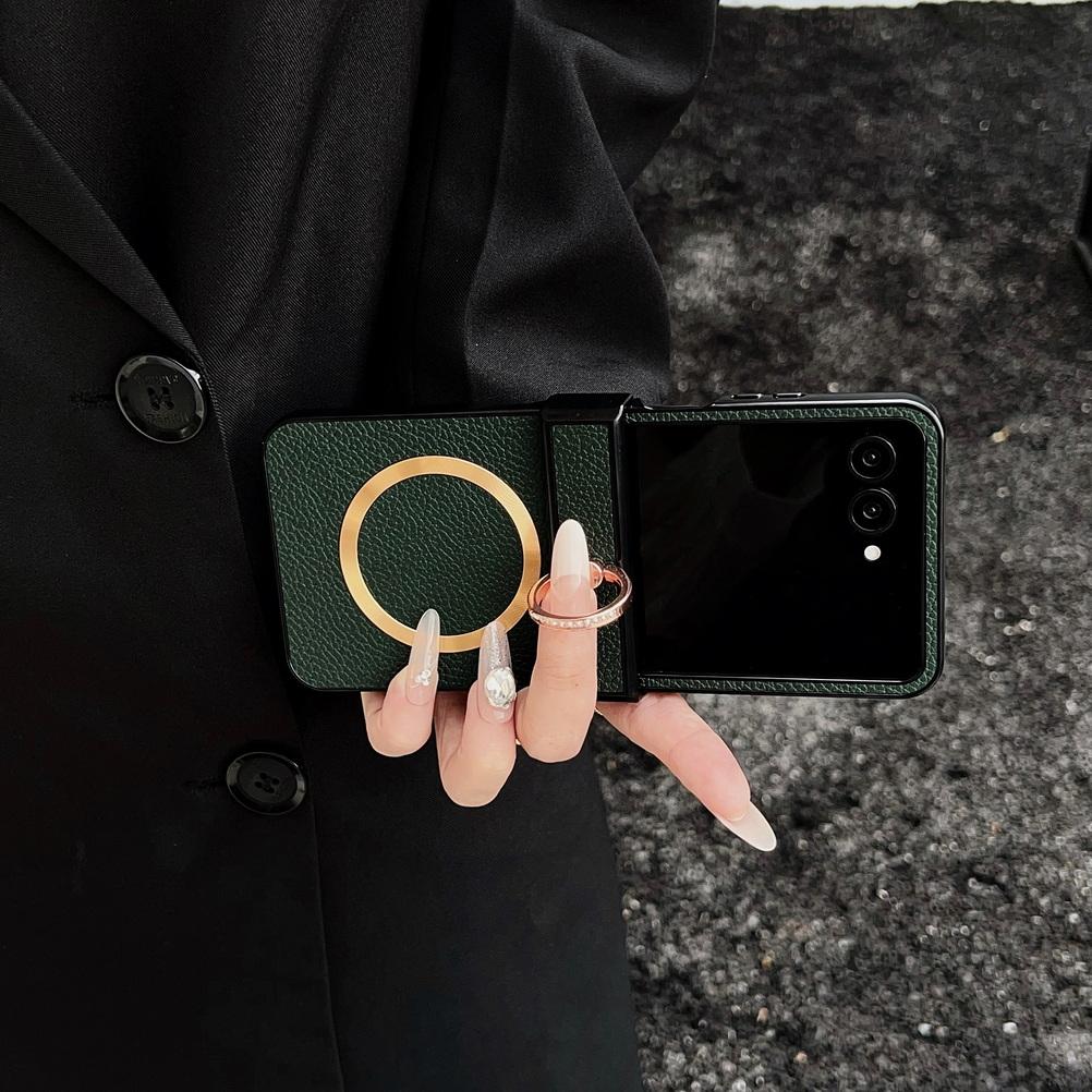 Lychee Plain Leather Metal Finger Ring and Magnetic Ring Case For Motorola Razr 60 Ultra razr60 Moto Razr 50 razr+ Cover