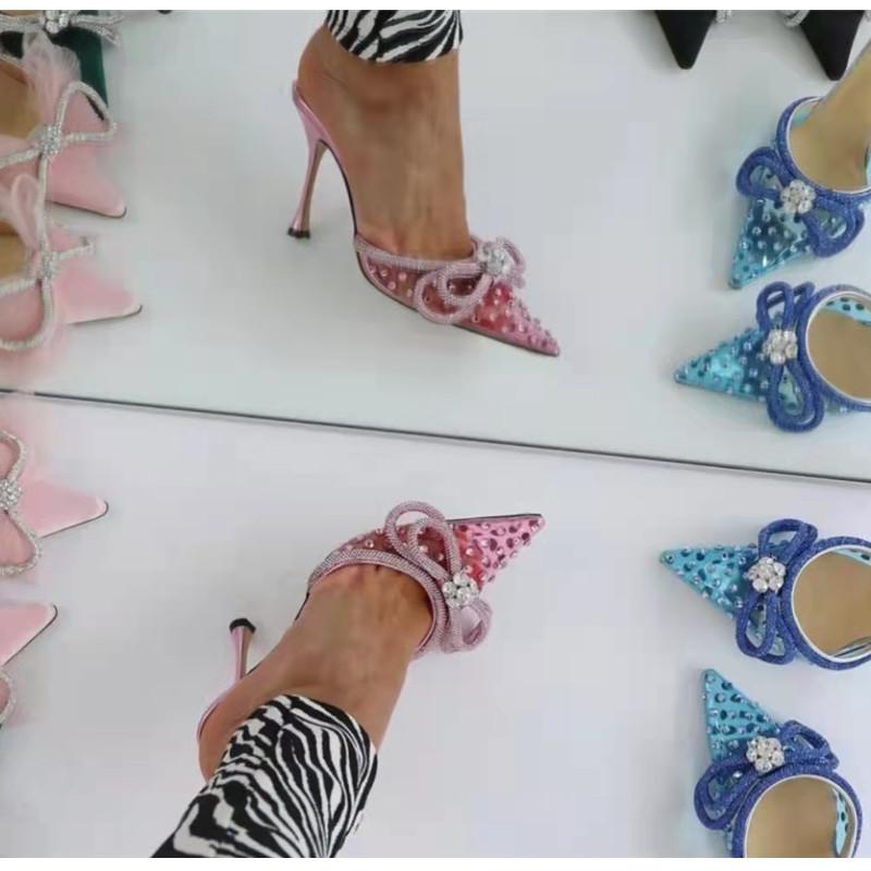 Fashion Clearance!!! Bling Bling Crystals Bowknot Women Sandals Fashion Summr High Heels Mules Slides High Quality Female Shoes