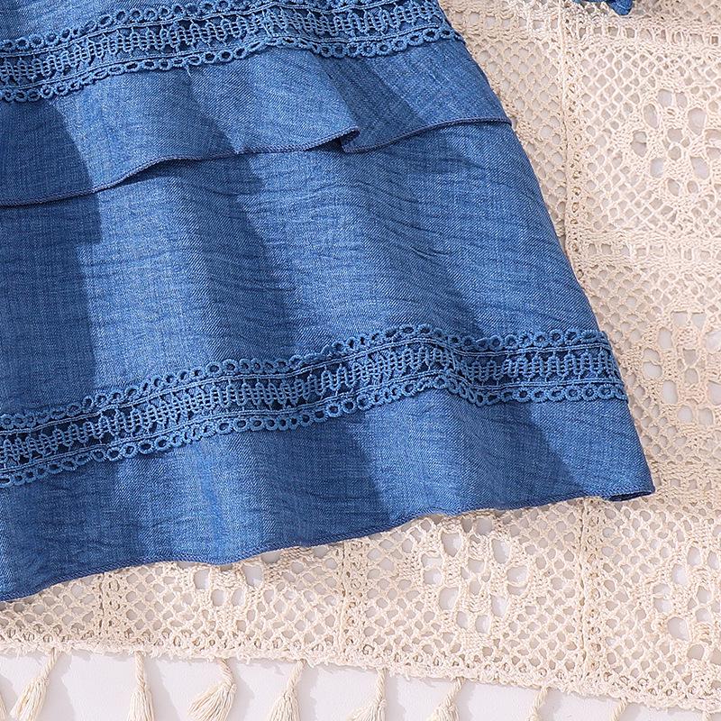 Girls' Lace Trim V-neck Waist-Cinching Long-sleeved Dress for Autumn