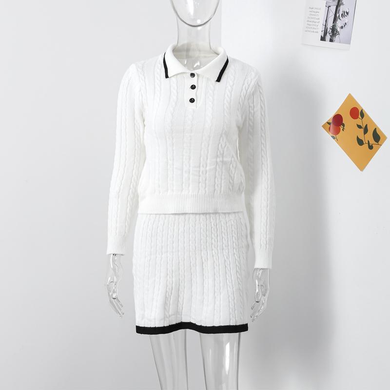 Einfarbiger Strickpullover-Rock-Set für Damen, Umlegekragen, Pullover, langärmelig, schmaler Pullover mit kurzen Röcken, elegante Damenanzüge