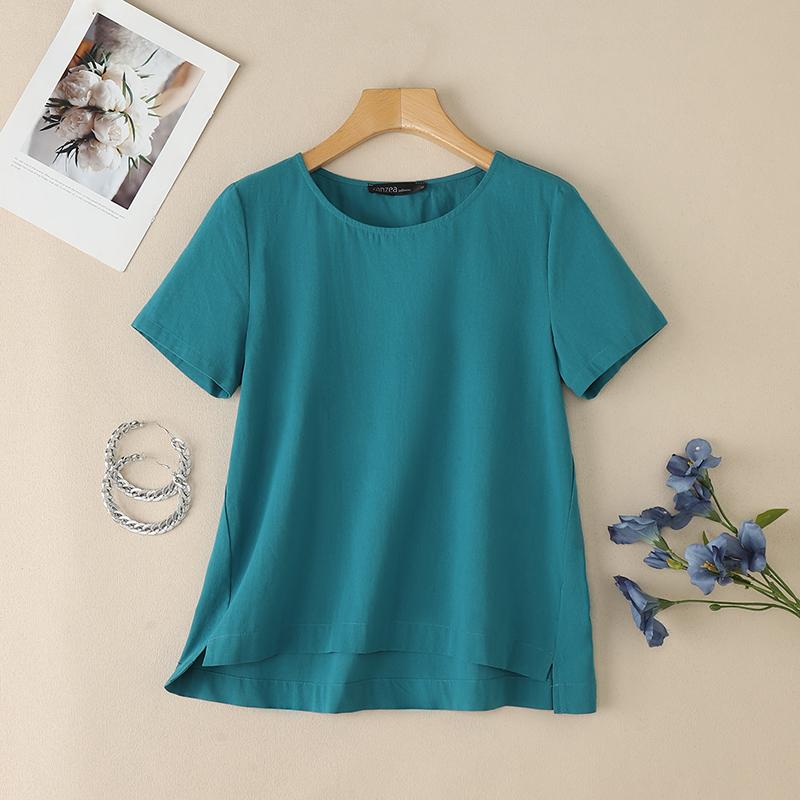 

ZANZEA Женские повседневные летние хлопковые топы с коротким рукавом и круглым вырезом 4XL зелёный