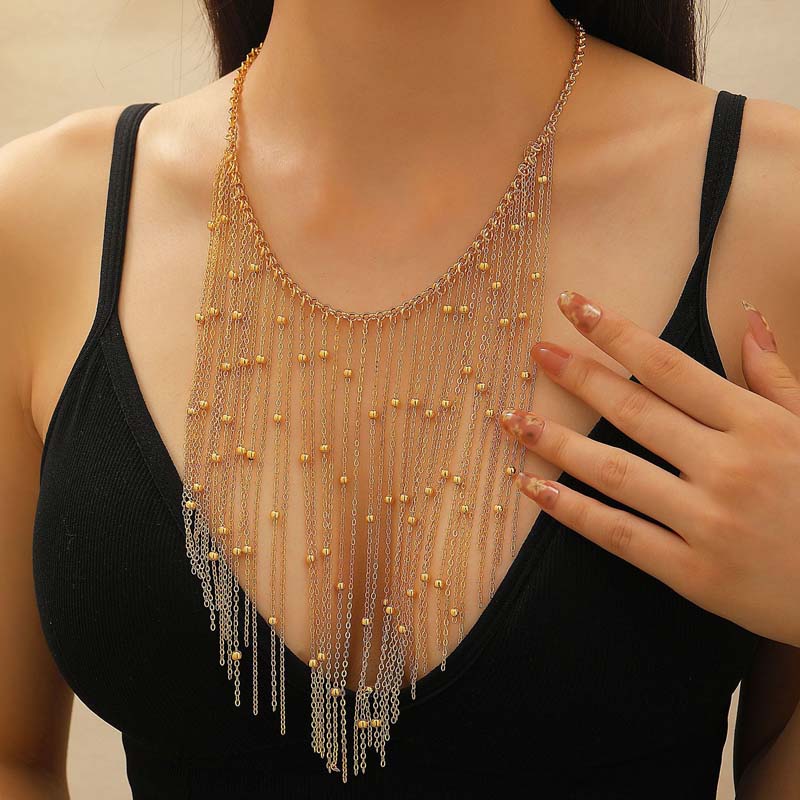 Exaggerated Metal Chain Tassels Necklace for Women Vintage Geometric Small Round Bead Pendant Necklace Clavicle Chain Jewelry
