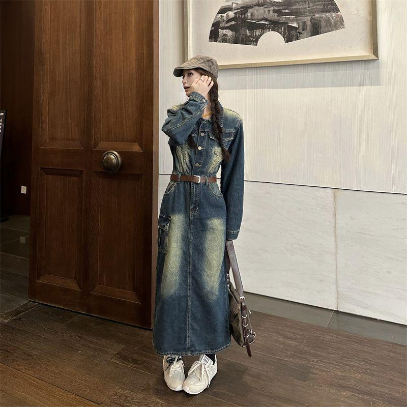 

Винтажное джинсовое платье с длинным рукавом в гонконгском стиле - Приталенное, Свободного кроя, Модная тенденция для весны и осени S for 80-100 lbs