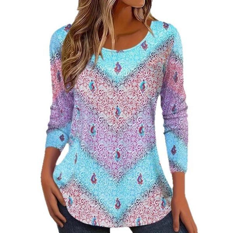 Round Neck 3D Printed Top Colorful Fashionable Casual Long Sleeved Women's T-shirts