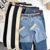 Women's High-Waisted Velvet-Lined Jeans: Loose, Slimming, Straight-Leg Harem Pants for Autumn/Winter, Korean Style, Nine-Tenths Length.