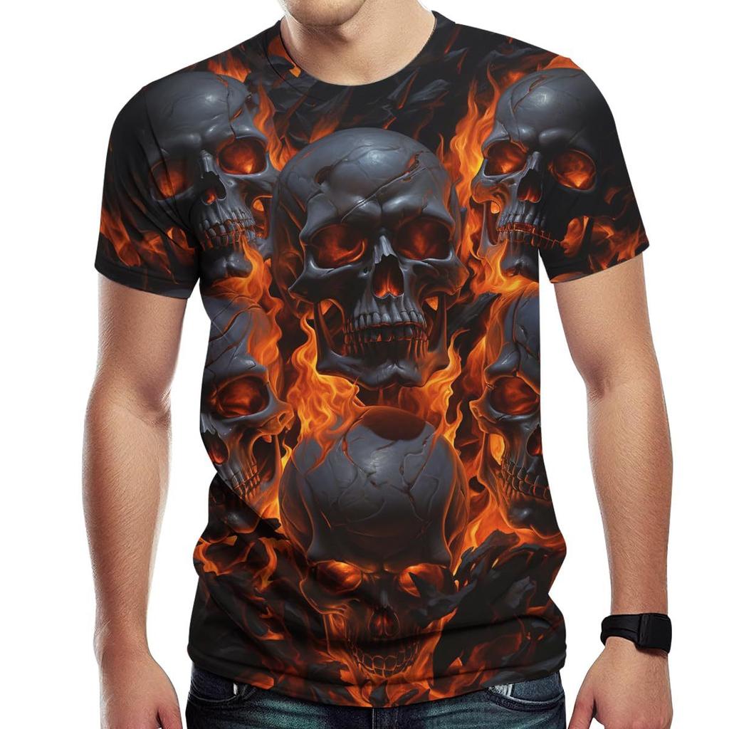 Summer Round Neck 3D Flame Skull Graphic Print Top Fashionable Casual Short Sleeved Men's T-shirts