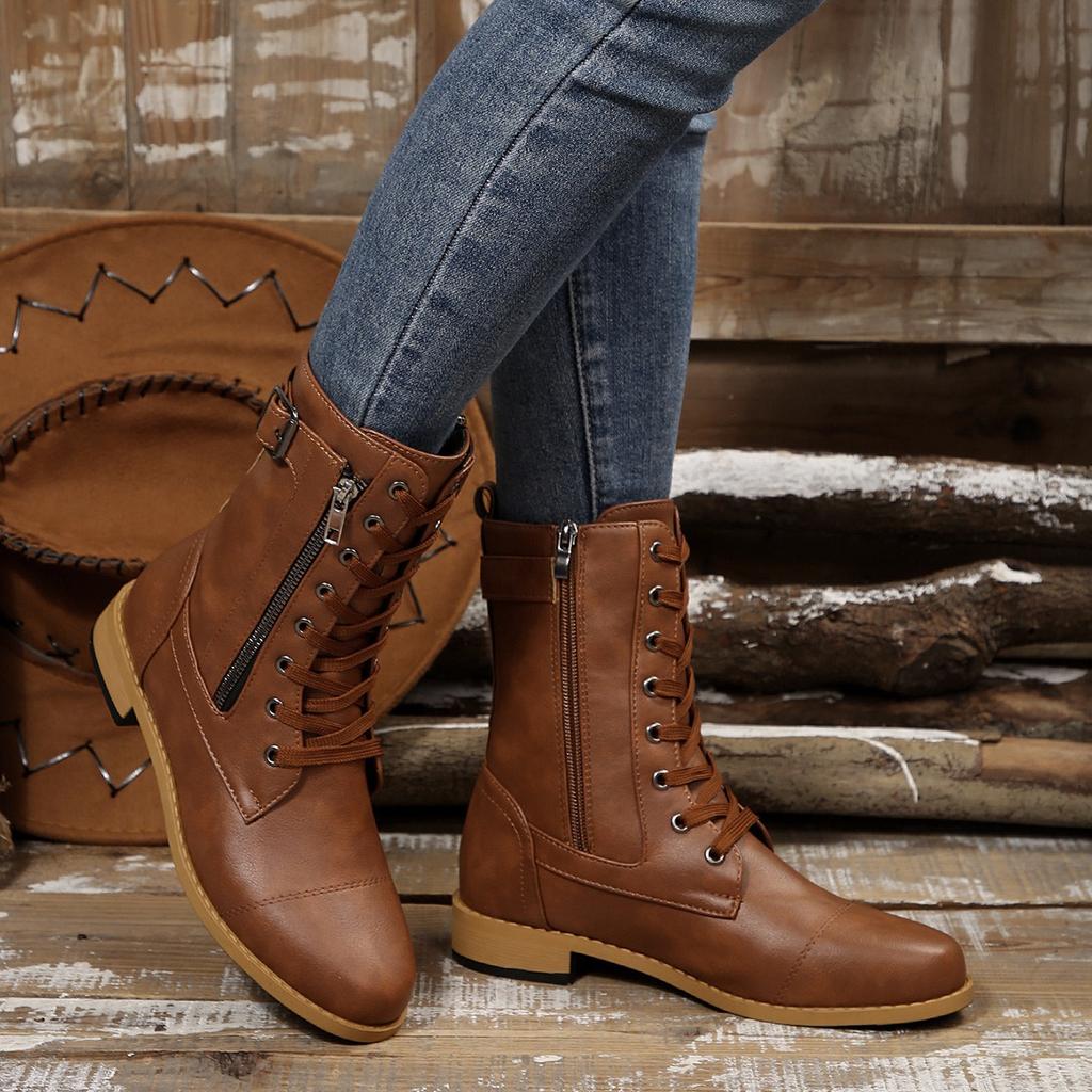 Velvet Boots with Round Toe, Low Heel, Side Zipper, Square Heel, Large Size, Midsole, Retro Knight Leather Boots for Women