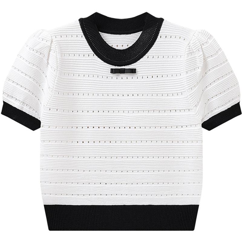 Maglione Lavorato a Maglia a Maniche Corte con Splicing a Contrasto di Colore Primavera Estate Femminile Sezione Corta Fondo Sezione Sottile Top Pullover T-shirt Casual Slim Fit