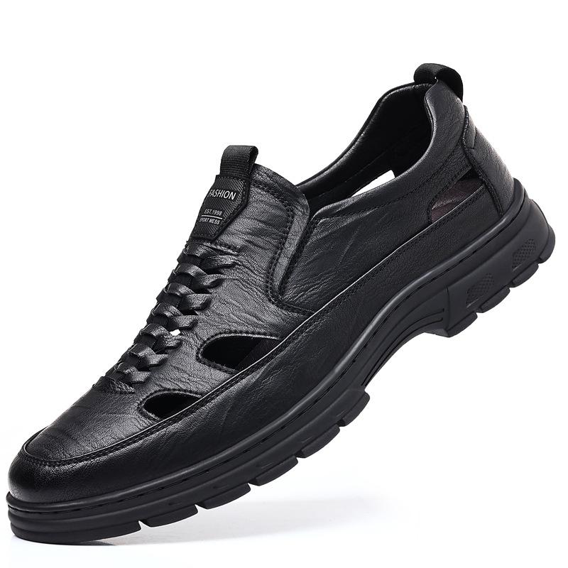 2024 summer new men's casual leather shoes men's soft-soled middle-aged dad shoes hollow breathable leather sandals 1356