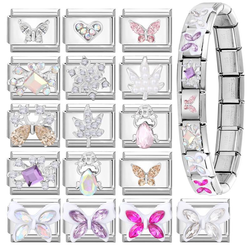 Shiny Zircon Butterfly Snowflake Heart Maple Italian Charm Links Fit 9mm Stainless Steel Bracelet Women Jewelry DIY Making Gifts