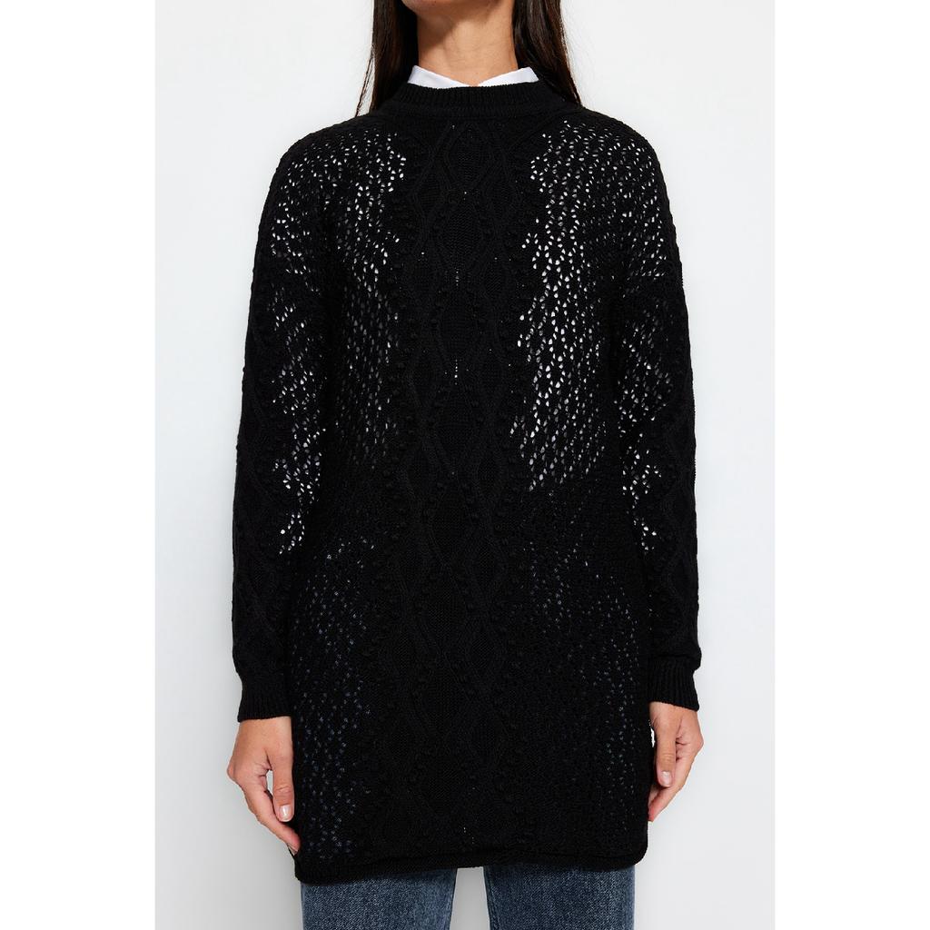 Navy Blue Openwork Knitwear Sweater Tctaw22ak0089