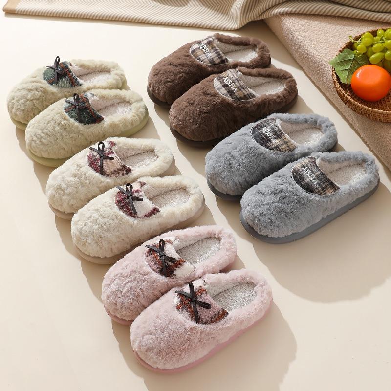 New autumn and winter cotton slippers cotton-filled wool splicing plaid belt bow non-slip warm cotton slippers