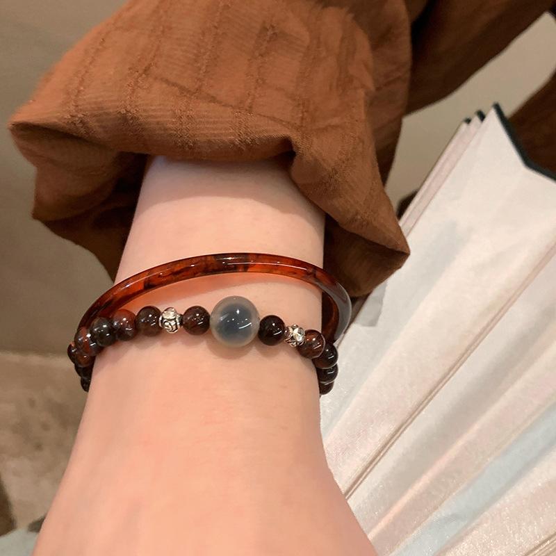 Simple Amber Beaded Bracelet for Women Exquisite Brown Chinese-Style Bangle Vintage Sweet Casual Versatile Stackable Jewelry New