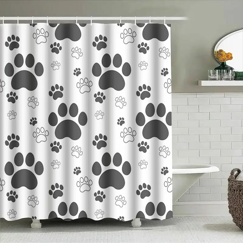 White Shower Curtain With Black Paw Prints Decorative Pet Print Shower Cover For Bathroom – Easy Installation Waterproof Materia