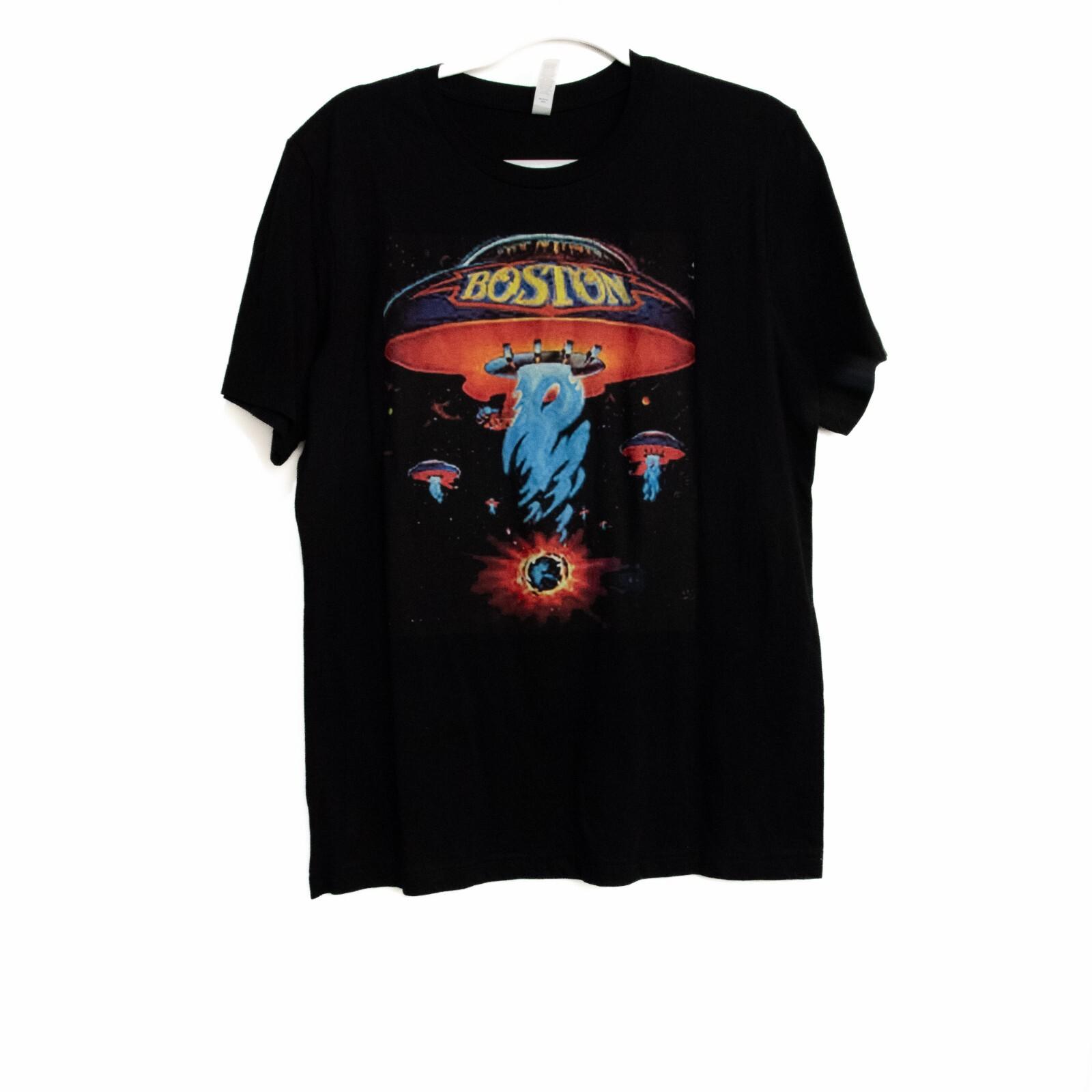 Canvas Mens Black Cotton T-Shirt Boston UFO Graphic Crew Neck Short Sleeve L XL