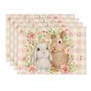 Bunny Rabbit Flowers Floral Buffalo Plaid Easter Placemats Set of 4, 12x18 Inch Spring Table Mats for Party Kitchen Dining Decoration