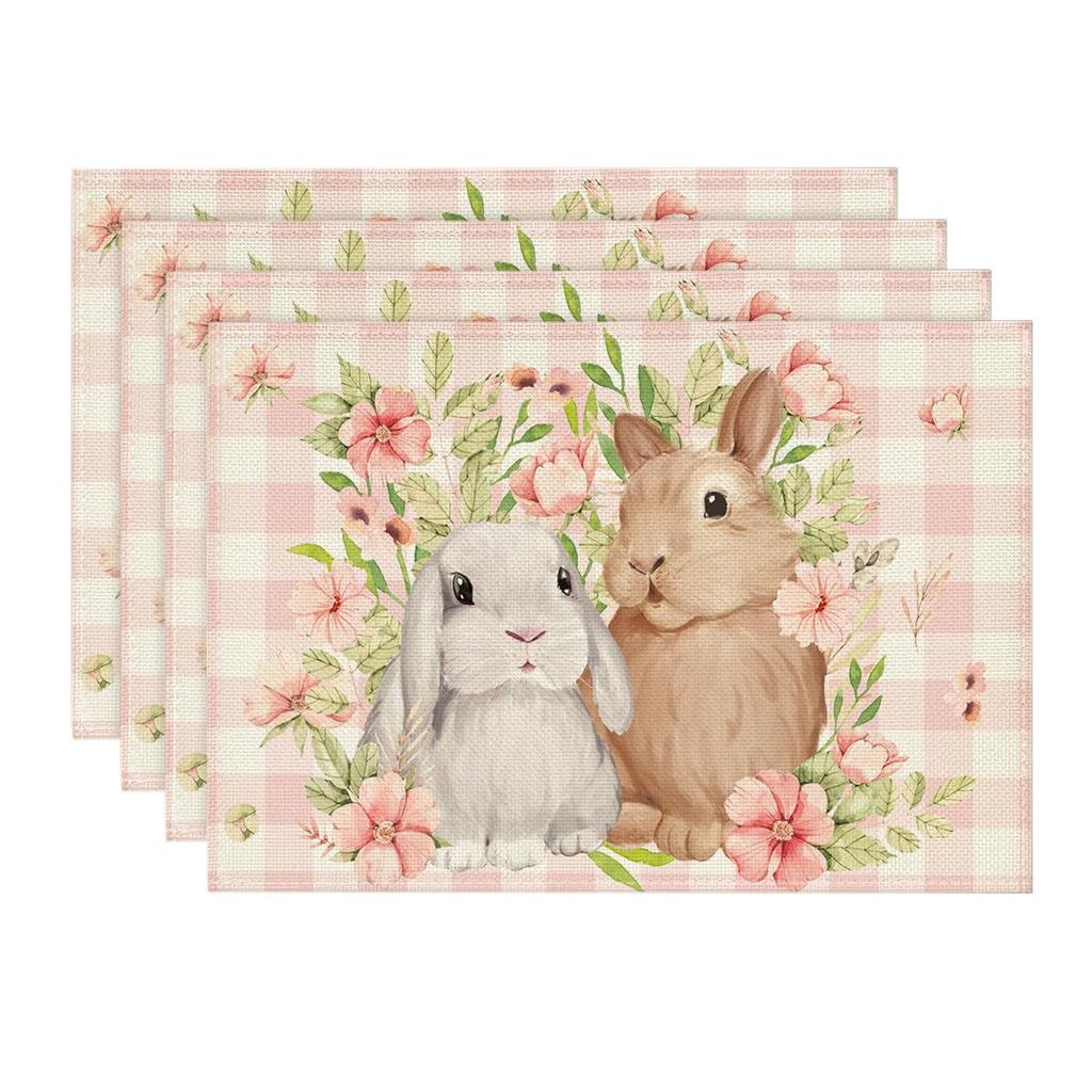 Bunny Rabbit Flowers Floral Buffalo Plaid Easter Placemats Set of 4, 12x18 Inch Spring Table Mats for Party Kitchen Dining Decoration