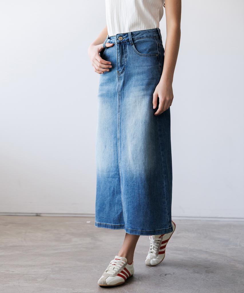 HYFVE Cotton Back Slit Washed Denim Long Skirt