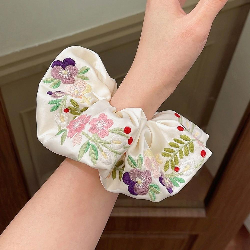 Satin Embroidery Hair Scrunchies Colorful Hair Ropes Elegant Floral Scrunchies  Rubber Bands