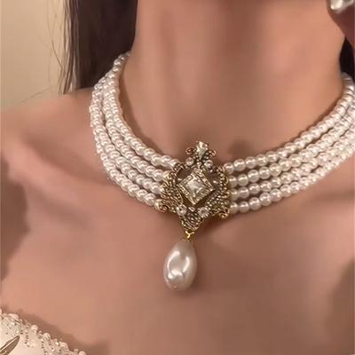 Diamond-encrusted Pearl Multi-layer Water Drop Pendant Necklace French Retro High-end Elegant Collarbone Chain Niche Fashion Jewelry