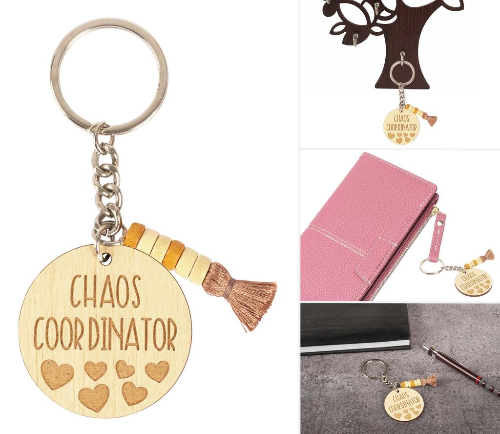 Inkdotpot Funny Keychain Chaos Coordinator Wood Engraved Keychain- Funny Mom Teacher Humour Novelty