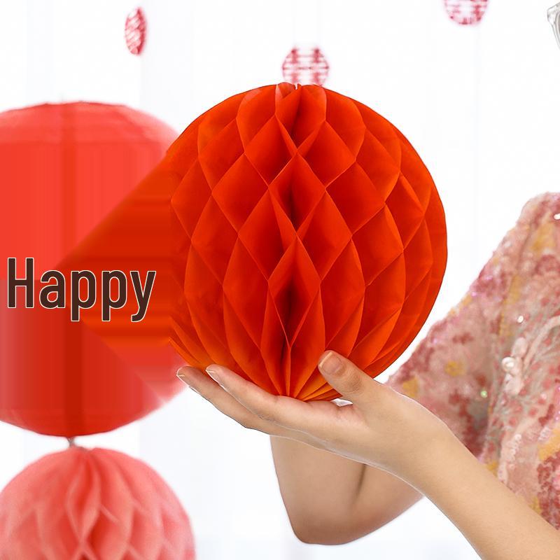 Wedding Double Happiness Garland & Lantern Set with Honeycomb Ball Columns for Background Decor