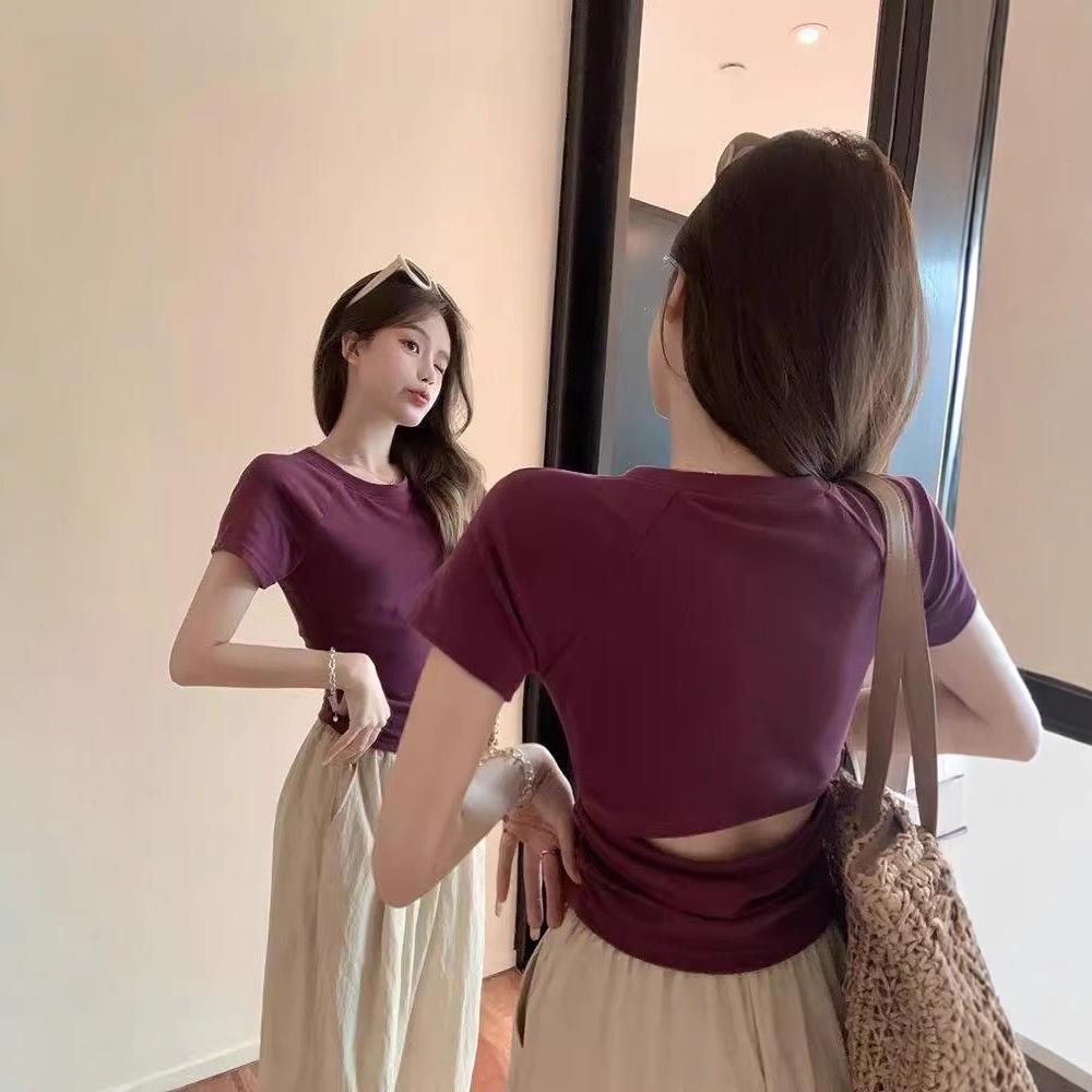

2025 summer new waist and shoulder T-shirt women s short-sleeved design sense niche slim and thin short halter top S фиолетовый