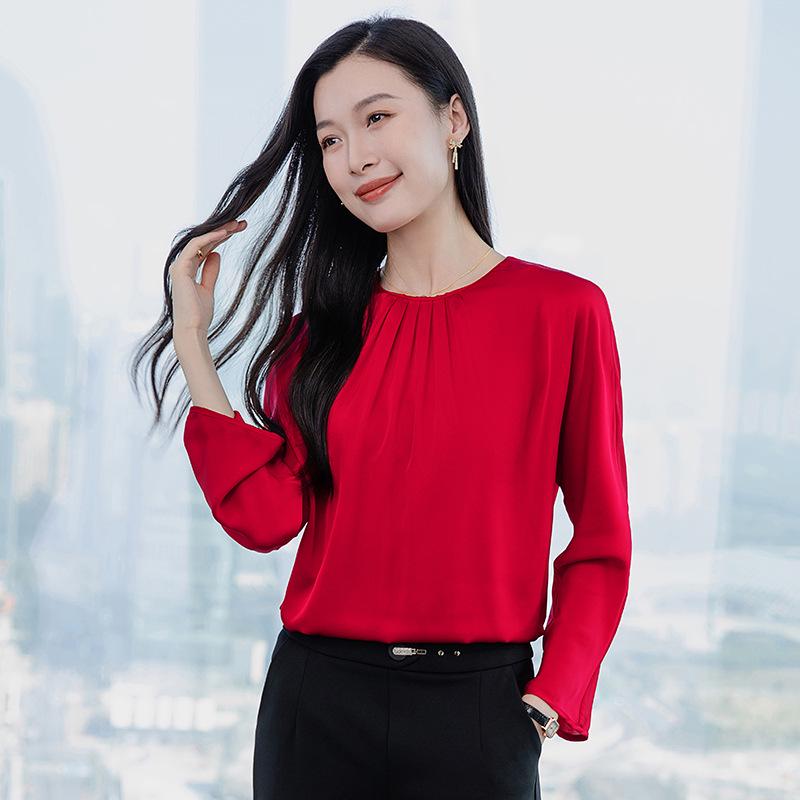 

Женская плиссированная блузка с длинным рукавом из шелка, круглый вырез, шелк тутового дерева, весна/осень 2025, A3631. M красный