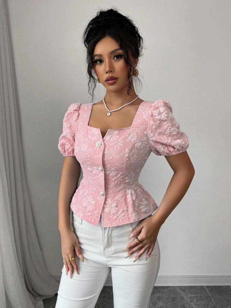 Mode d'été pour femme Chemise élégante décontractée Col rond Manches bouffantes Manches courtes Haut doux