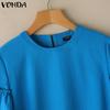 VONDA Summer Women Crew Neck Flare Sleeve Solid Color Casual Blouse