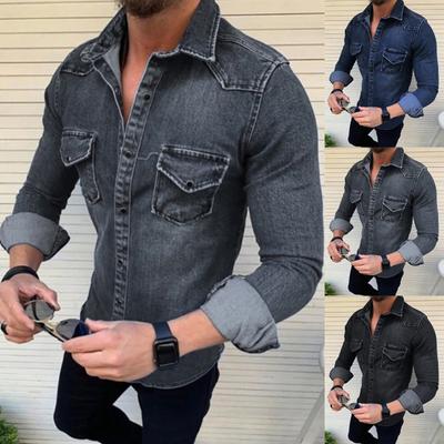 Herrenmode Taschen Umlegekragen Langarm Oberbekleidung Slim Knöpfe Hemd