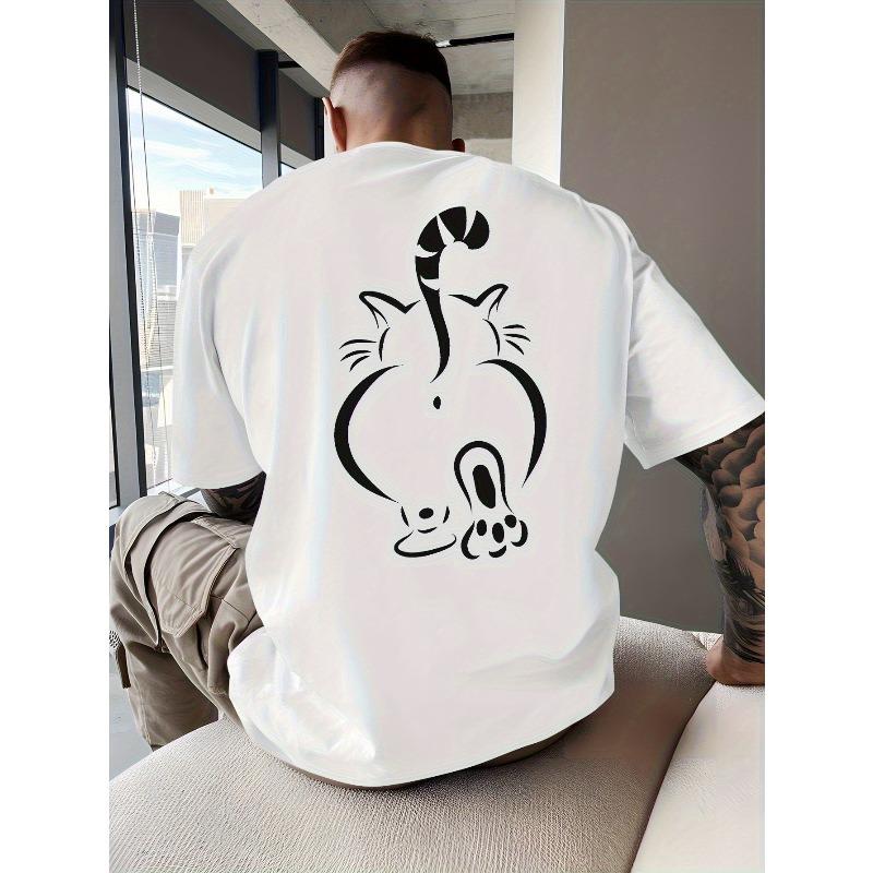 European Size Men's Bright Yellow Cat Back Print T-Shirt - Playful Geometric Design, Breathable Short Sleeve Crew Neck Summer Top for Beach Vacation =