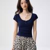 G Youkes, Henry V-neck semi-open button-up short-sleeved T-shirt women's summer fly-sleeved shoulder-plugged slim-fitting top